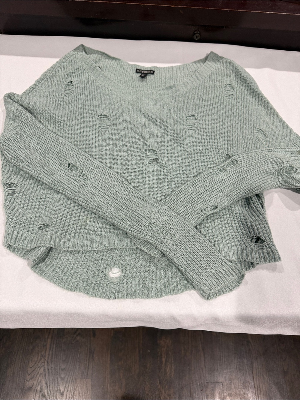 Express Mint Green Distressed Cropped Crew Sweater